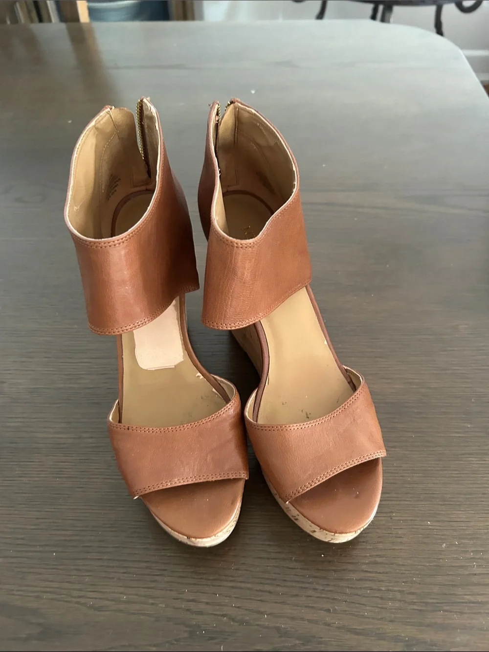 Nine West Tan Brown Cork Wedge Sandals with Back Zip